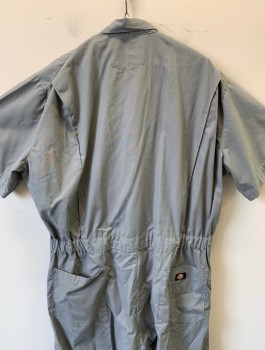 Mens, Coveralls/Jumpsuit, DICKIES, Gray, Poly/Cotton, Solid, L R, Short Sleeves, Zip Front, Collar Attached, 6 Pockets, Elastic Waist in Back