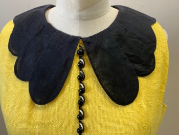 ELLE, Yellow, Black, Linen, Synthetic, Solid, Sleeveless, Black Synthetic Sheer Petal-like Collar, Zip Back, Black Button Detail Front, *Collar Tearing Away From Neck at Back*