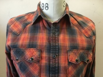 Mens, Western, DECREE, Faded Black, Red, Orange, Cotton, Plaid, S, Button Front, Long Sleeves, 2 Pockets with 2 Points Pocket Flaps with 2 Black Snaps. Western Yoke,