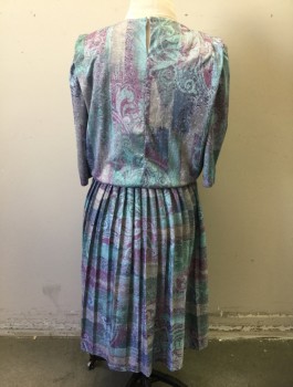 N/L, Aqua Blue, Purple, Lavender Purple, Gray, Polyester, Abstract , 3/4 Sleeves, Round Neck, Elastic Waist, Pleated Skirt, Knee Length, Single Pleat at Each Shoulder,