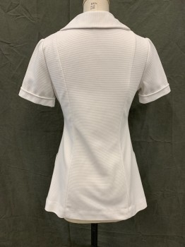 Womens, Nurse, Top/Smock, N/L, White, Polyester, Solid, B 32, Vintage, 1970's/1980's, Ribbed Knit, Button Front, Scallopped Collar Attached, Short Sleeves, 2 Pockets, Angled Seams Below Breasts