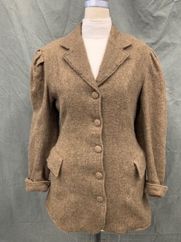 MTO, Dk Brown, Wool, Heathered, Fabric Covered Button Front, Collar Attached, Notched Lapel, Pleated Shoulders, Long Sleeves, 2 Pockets, Turned Back Cuff,