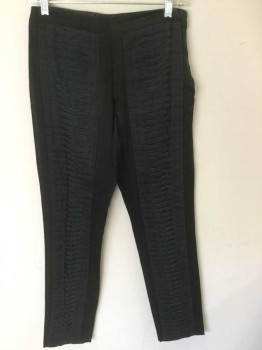 GUCCI, Black, Dk Gray, Silk, Solid, Color Blocking, Straight Leg, Solid Black Base with 5" Wide Horizontally Pleated Dark Gray Vertical Stripe Up Center Of Leg with Sculptural Pleated Detail, Invisible Zipper At Side, Multiple