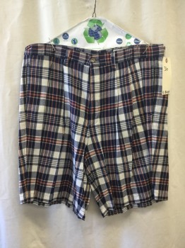 Mens, Shorts, EDDIE BAUER, White, Navy Blue, Red, Beige, Cotton, Plaid, 38, Double Pleated, 4 Pockets, Belt Loops,