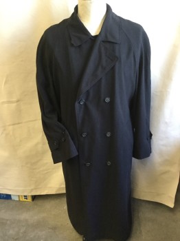 Mens, Coat, Trenchcoat, BILL BLASS, Black, Polyester, Viscose, Solid, 50, Long Coat, Collar Attached, Double Breasted, Button Front, DETACHABLE LINING: (upper:shining Black, Bottom: Self Diagonal Black Wool), Raglan Long Sleeves with Short Strap & 2 Buttons, Flap Upper Back, 1 Kick Pleat Back Center Hem, Self DETACHABLE BELT with Black Leather Rectangle Buckle