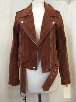 Womens, Leather Jacket, BLANK NYC, Brown, Suede, Solid, M, Zip Front, Collar Attached, Epaulets, 2 Zip Pockets, Zipper Arm Detail, Belt