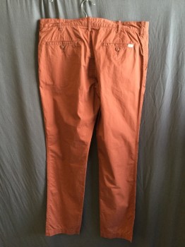 Mens, Casual Pants, LACOSTE, Brick Red, Cotton, Solid, 36/34, 1.5" Waistband with Belt Hoops, Flat Front, Zip Front, 4 Pockets