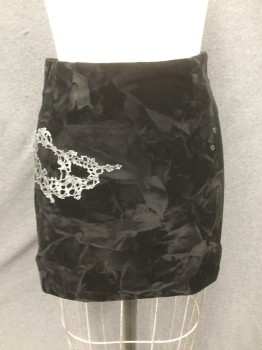 N/L, Black, Gray, Crushed Velvet Mini Skirt, Zip Back, Gray Mesh Tattered Web-like Detail, Snaps Across Back