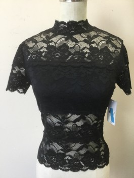 Womens, Top, GUESS, Black, Nylon, Spandex, Solid, XS, Sheer Lace, Opaque at Bust, Short Sleeves, Mock Neck, Pullover, Invisible Zipper at Center Back Neck, Club Wear