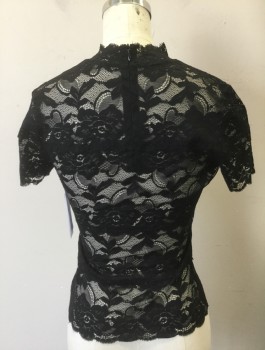 GUESS, Black, Nylon, Spandex, Solid, Sheer Lace, Opaque at Bust, Short Sleeves, Mock Neck, Pullover, Invisible Zipper at Center Back Neck, Club Wear