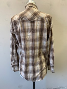 Mens, Western, ROPER, Beige, Brown, White, Black, Poly/Cotton, Plaid, M, Long Sleeves, Snap Front, Collar Attached, Western Style Pointed Yoke, 2 Pockets with Flaps and 1 Snap Closure