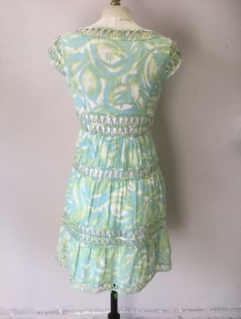 CYNTHIA STEFFE, Aqua Blue, Lt Green, White, Cotton, Abstract , Scoop Neck, Cap Sleeves, Open-work Detail at Neck, Sleeve, High Waist and Skirt Tiers, Below Knee, Side Zip, Fully Lined Summer, Tea
