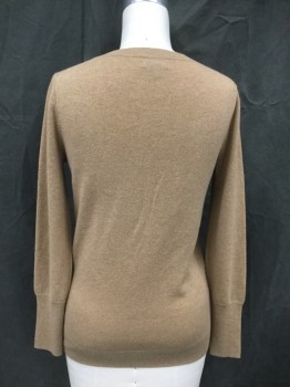 J. CREW, Camel Brown, Cashmere, Solid, Ribbed Knit V-neck, Long Sleeves, Extended Ribbed Cuff, Ribbed Waistband