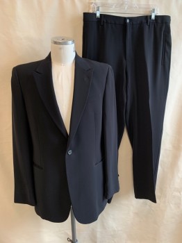 ARMANI, Black, Polyester, Solid, SUIT JACKET, Single Breasted, 1 Button, Peaked Lapel, 3 Pockets, 4 Button Cuffs