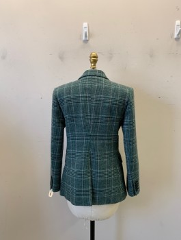 Womens, Blazer, Maje, Turquoise Blue, Black, White, Acrylic, Polyester, Plaid, Small, Double Breasted, Button Front,