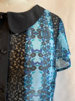 Womens, Blouse, HINGE, Black, Teal Green, Blue, Polyester, Floral, Stripes, XS, Short Sleeves, Button Front, Peter Pan Collar, Black Lace Insets