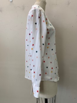 Womens, Blouse, RAILS, White, Red Burgundy, Forest Green, Mustard Yellow, Red, Silk, Stars, S, Button Front, Collar Attached, Long Sleeves, 1 Pocket,