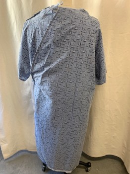 Unisex, Patient Gown, ANGELICA, Lt Blue, Faded Navy, White, Cotton, Polyester, Abstract , L, V-neck, Snap Buttons on Shoulders, Tie Back, Short Sleeves