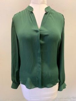 Womens, Blouse, LAGENCE, Forest Green, Silk, Solid, M, Stand Collar, V-neck, Button Front, Long Sleeves