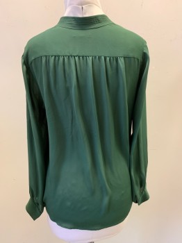 Womens, Blouse, LAGENCE, Forest Green, Silk, Solid, M, Stand Collar, V-neck, Button Front, Long Sleeves