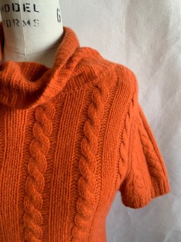 Womens, Pullover, MENDOCINO, Pumpkin Spice Orange, Cashmere, Solid, Cable Knit, S, Ribbed Knit Turtleneck, Short Sleeves, Ribbed Knit Waistband/Cuff