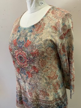 SIMPLY EMMA, Taupe, Burnt Orange, Slate Blue, Polyester, Spandex, Abstract , Jersey, Embellished with Tiny Colorful Gemstones and Metal Studs, Pullover, 3/4 Sleeves, Scoop Neck, High/Low Hemline, Multiples