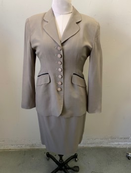 Womens, 1990s Vintage, Suit, Jacket, CHRISTIAN DIOR, Dk Beige, Black, Wool, Solid, B:34, 8, Single Breasted, 7 Buttons,  Notched Lapel, 2 Pockets,