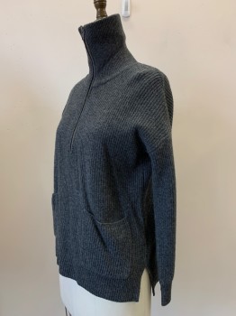 Womens, Pullover Sweater, MADEWELL, Charcoal Gray, Wool, Polyamide, Solid, XXS, L/S, Turtle Neck, Zip Front, Top Pockets,