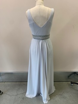 Womens, Evening Gown, JULIET, Lt Gray, Polyester, Beaded, Solid, Geometric, W26, B35, H36/8, Slvls, V-N, V-back, Iridescent Beads And Rhinestones CF And Waistband, Flared Skirt with Gathers CF And Cb, Side Zip, Full Length