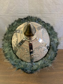 N/L MTO, Gray, Silver, Beige, Dk Gray, Silk, Metallic/Metal, Floral, Solid, Rounded Helmet Like Shape, Gray Brocade, Silver Metal Structure with Protruding Point at Center of Crown, Gray Faux Fur Edging, Silver Brooches with Red Stones, Made To Order, 1000-1100's Asia