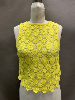 Womens, Top, TOPSHOP, Yellow, Cotton, Floral, Solid, 6, Round Neck, Slvls, Floral Crochet Front,