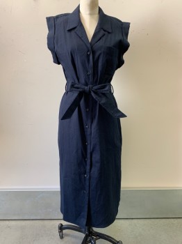 Rag+ Bone, Black, Linen, Rayon, Solid, S/S, Button Front, Collar Attached, Chest Pocket, Side Pockets, with Matching Belt