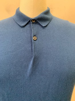 John Smedley, Navy Blue, Cotton, Solid, S/S, Collar Attached, 2 Buttons