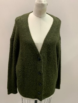 TOP SHOP, Moss Green, Acrylic, Polyester, Solid, Deep V Neck, L/S, Ribbed, Metal Buttons