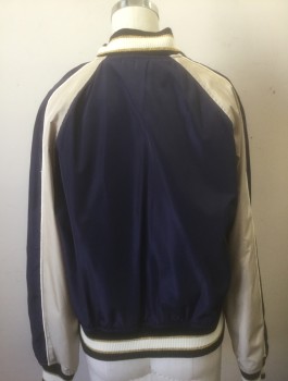 Womens, Casual Jacket, BP, Navy Blue, Taupe, White, Gold, Polyester, Solid, XS, Bomber, Navy with Taupe Panels at Shoulders, Zip Front, Black with White and Gold Metallic Striped Rib Knit at Neck/Cuffs/Waistband
