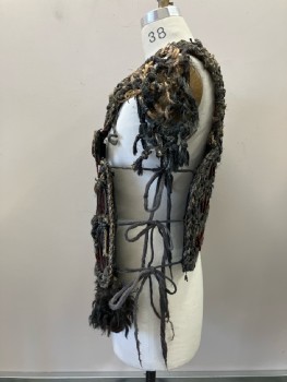 Mens, Historical Fict. Breastplate , MTO, Black, Brown, Red, Hemp, Plastic, Geometric, Adj., Ch:38 , Painted, Braided Straw And Twine with Bronze Toned Scales, Panels Stitched Together with Suede Ribbon, Irregular Fur Hem Attached To Front, Gauze Side Ties