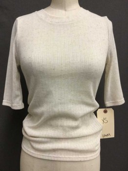 Womens, Top, H&M, Oatmeal Brown, Polyester, Linen, Heathered, XS, High Crew Neck, 1/2 Sleeve