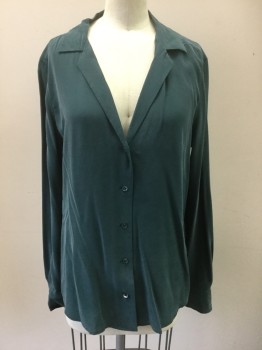 EQUIPMENT, Dk Green, Silk, Solid, Long Sleeve Button Front, Notched Collar, V-neck