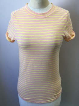 WE THE FREE, Lt Pink, Yellow, Cotton, Polyester, Stripes - Horizontal , Light Pink with Yellow Horizontal Stripes, Crew Neck, Raglan Short Sleeves with Cuff Rolled-up