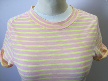 Womens, Top, WE THE FREE, Lt Pink, Yellow, Cotton, Polyester, Stripes - Horizontal , L, Light Pink with Yellow Horizontal Stripes, Crew Neck, Raglan Short Sleeves with Cuff Rolled-up