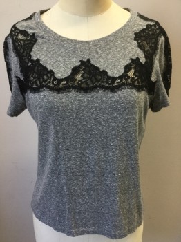 Womens, Top, REBECCA TAYLOR, Heather Gray, Black, Cotton, Viscose, Heathered, S, Heather Gray W/black Lace Cut-up Inlay Front & Shoulder, Short Sleeves,