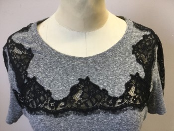 Womens, Top, REBECCA TAYLOR, Heather Gray, Black, Cotton, Viscose, Heathered, S, Heather Gray W/black Lace Cut-up Inlay Front & Shoulder, Short Sleeves,