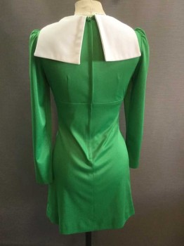 Brandye, Green, White, Polyester, Solid, Long Sleeves, V-neck, White Angular Pilgrim Collar Attached, Circle Hole At Waist Where Skirt and Top Are Gathered, Long Sleeves, Zip Back