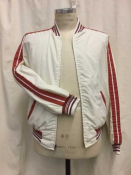 Mens, Casual Jacket, PUT ON SHOP, Cream, Rust Orange, Navy Blue, Synthetic, Color Blocking, Stripes, Ch 40, Cream, Rust Stripped Sleeves, Navy/rust/cream Stripped Trim, Zip Front