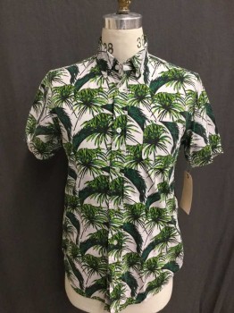 FREE NATURE, White, Green, Lime Green, Cotton, Palm Leaves, S/S, B.F., Bttn Down Collar, 1 Pckt,