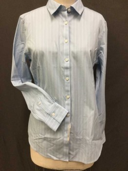 BROOKS BROTHERS, Baby Blue, White, Cotton, Stripes - Vertical , BLOUSE:  Baby Blue W/white Vertical Stripes, Collar Attached, Button Front, Long Sleeves,