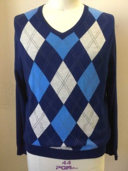 Mens, Pullover Sweater, BANANA REPUBLIC, Blue, Dk Blue, Lt Blue, Oatmeal Brown, Wool, Argyle, XL, V-neck, Ribbed Knit Neck/Cuff/Waistband, Solid Back