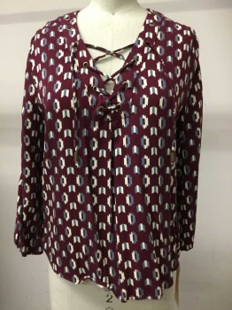 FOREVER 21, Red Burgundy, Gray, Cream, Rayon, Geometric, Pullover, Long Sleeves, Lace Up Neck, Inverted Box Pleat Center Front,
