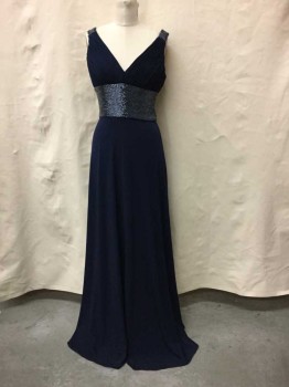 Womens, Evening Gown, JS BOUTIQUE, Navy Blue, Polyester, Beaded, Solid, B 34, 4, W 28, V-neck, Sleeveless, Metallic Navy Beaded Wide Waist & Beaded Shoulders