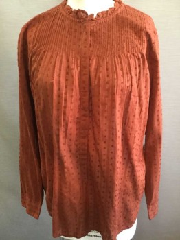 POINT SUR, Sienna Brown, Cotton, Polka Dots, Self Dot Texture, Long Sleeves, Hidden 5 Button Placket at Center Front Neck, High Round Neck with Ruffled Edge, Pin Tucks at Shoulders